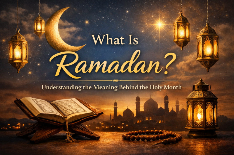 100 Facts About Ramadan banner with crescent moon, mosque, lanterns, Quran, and dates.
