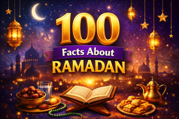 100 Facts About Ramadan title with crescent moon, lanterns, mosque, Quran, and dates.