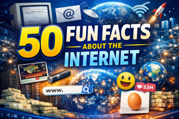 Infographic featuring 50 fun facts about the internet including ARPANET, Google searches, social media growth, and surprising internet statistics
