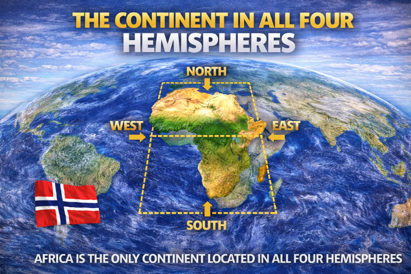 Africa continent in four hemispheres presenting geographic facts