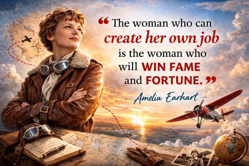 Vintage Amelia Earhart quote image with aviation theme and motivational message
