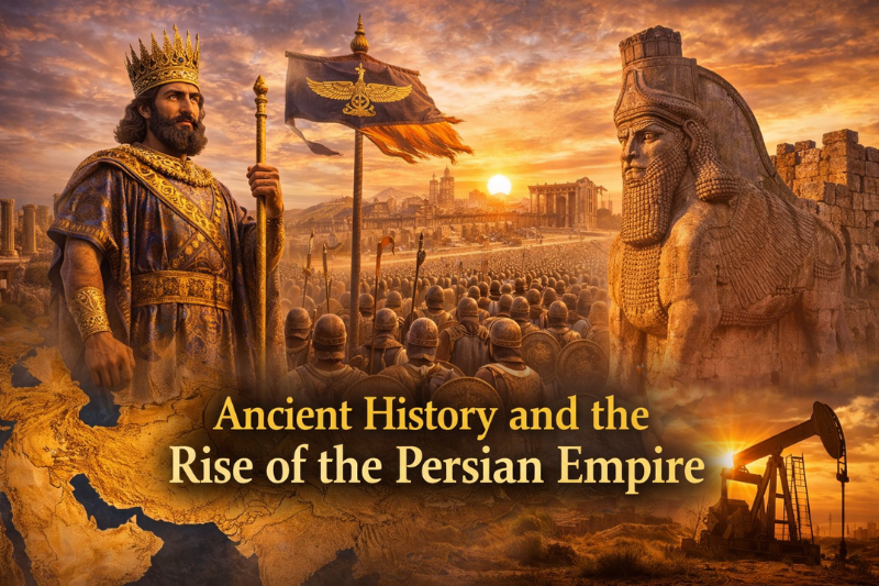 Illustration showcasing Iran’s ancient Persian Empire and cultural heritage