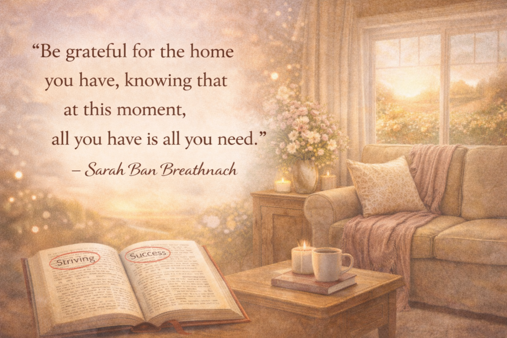 Sarah Ban Breathnach quote image about gratitude, home, and mindful living