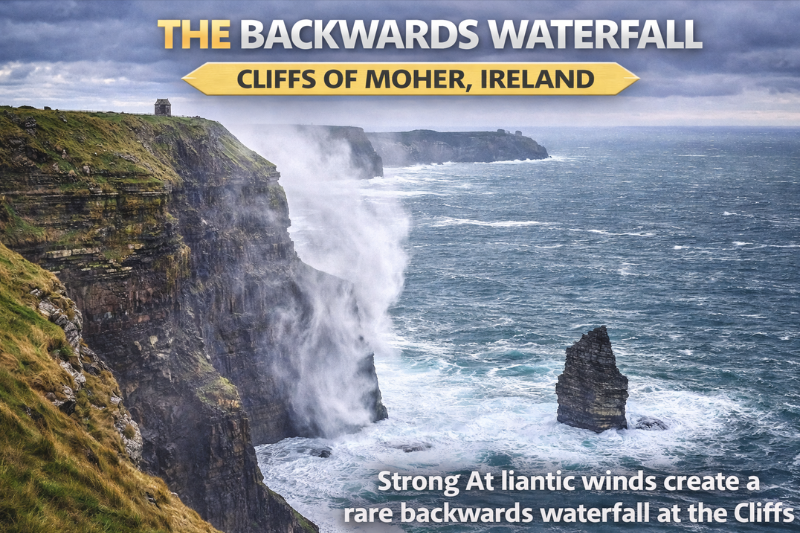 Backwards waterfall at Cliffs of Moher Ireland showing mysterious geography facts in action