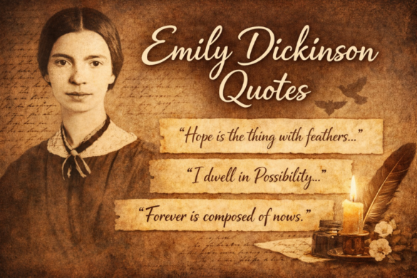 “Inspirational Emily Dickinson quotes about life, love, hope, and poetry in a vintage literary design.”