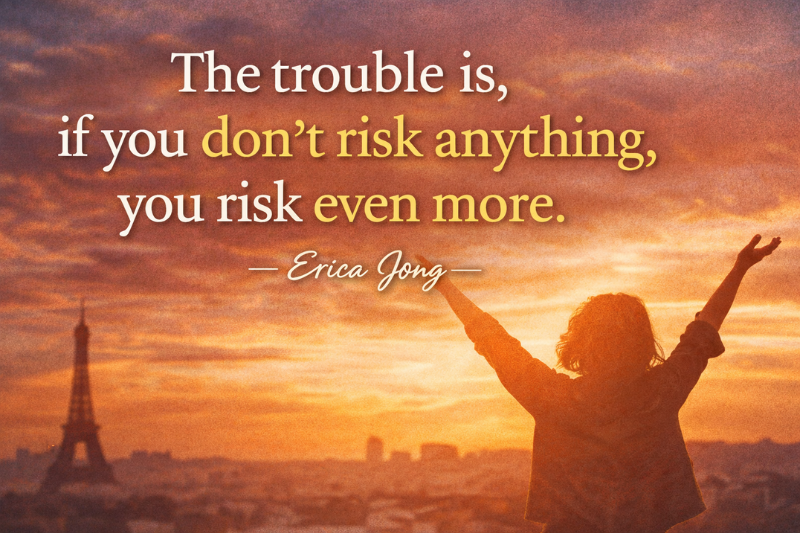 Motivational Erica Jong quote graphic about taking risks in life.