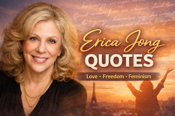 Inspirational Erica Jong quote about courage, feminism, love, risk-taking, and self-expression displayed on a motivational background image.