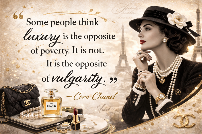 Famous Coco Chanel fashion quotes on luxury and timeless elegance.