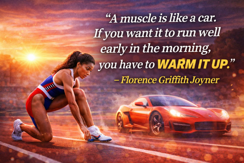 Florence Griffith Joyner quote graphic featuring the Olympic sprint champion on a track with motivational text about confidence and training