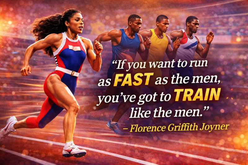 Inspirational Florence Griffith Joyner quotes image highlighting Flo-Jo’s mindset on speed, discipline, and success in track and field