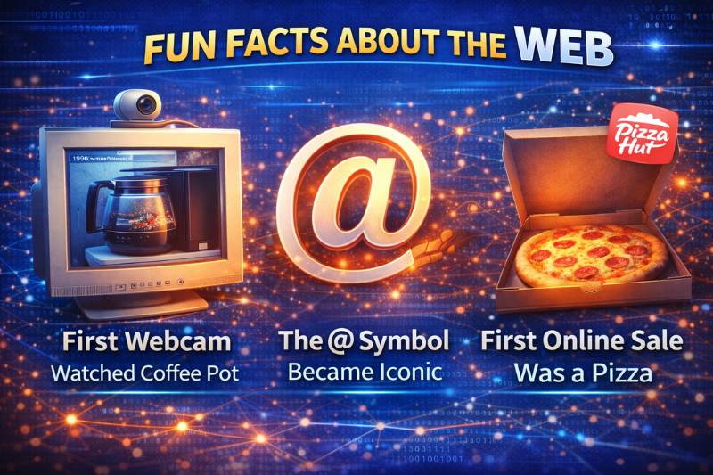 Fun facts about the World Wide Web including the first webcam, first website, and early online pizza purchase.