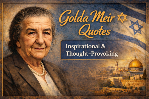 Golda Meir portrait with inspirational quotes about leadership, peace, and courage