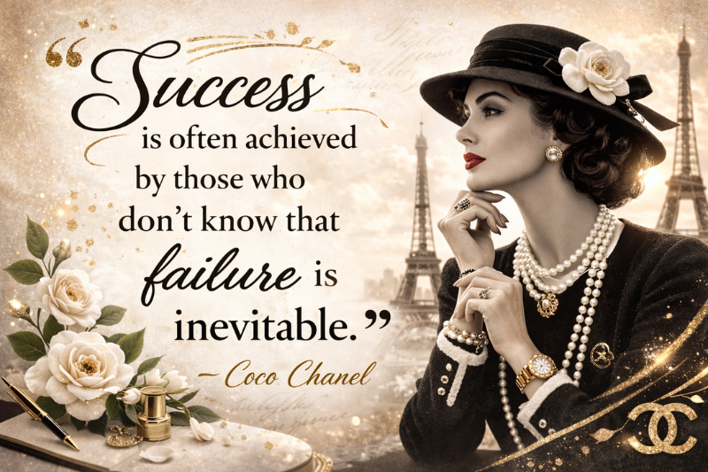 Motivational Coco Chanel quote graphic with classic Paris fashion theme.