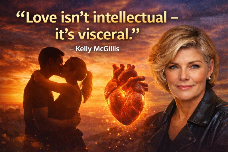 Kelly McGillis inspirational quote about love and inner strength against sunset background
