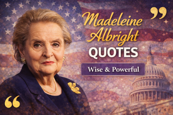 Madeleine Albright speaking at a podium with inspirational quotes about leadership, democracy, and women’s empowerment