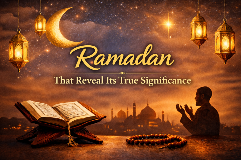 100 facts about Ramadan graphic showing mosque silhouette and glowing lanterns.