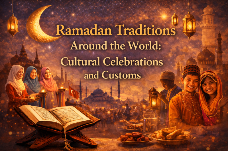 100 Ramadan facts poster with Islamic symbols and starry night background.