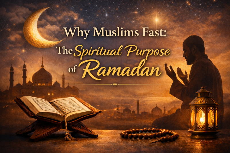 Ramadan facts image with golden typography and traditional Iftar elements at night.
