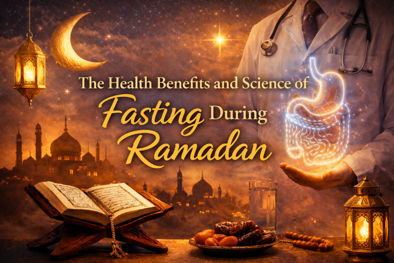 Ramadan holy month illustration with Quran, crescent moon, and decorative lanterns.