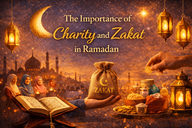 Ramadan celebration banner with Iftar foods, mosque skyline, and crescent moon.