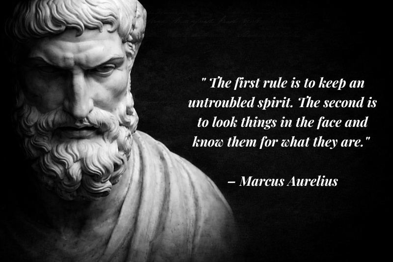 Minimal dark background with Stoic philosopher symbol of mental strength