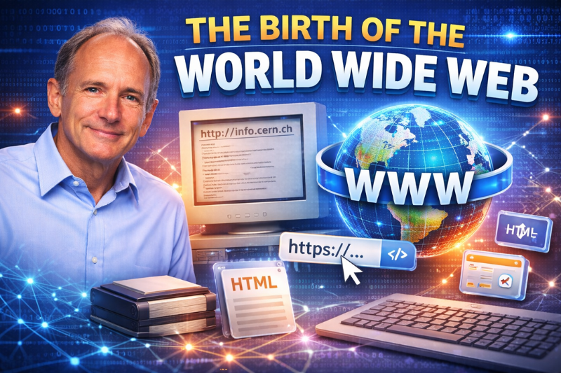 Illustration showing the birth of the World Wide Web in 1989 by Tim Berners-Lee at CERN with the first website and early web browser.