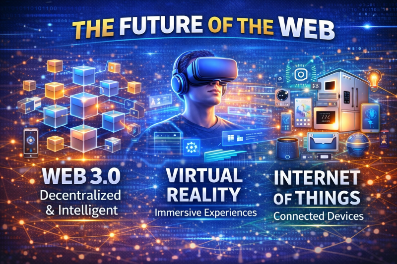 Illustration of the future of the World Wide Web featuring Web 3.0, virtual reality, blockchain, and Internet of Things technologies.