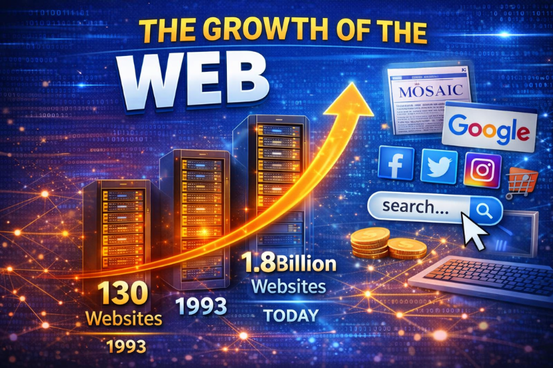 Infographic showing the growth of the World Wide Web from 130 websites in 1993 to billions today with search engines and browsers.