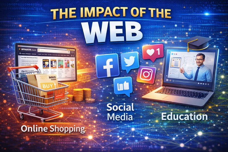Graphic illustrating the impact of the World Wide Web on online shopping, social media, education, and global communication.