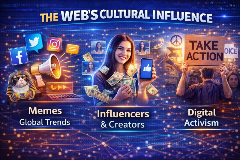 Graphic highlighting the cultural influence of the World Wide Web through memes, social media, influencers, and digital activism.