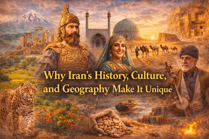 Overview image explaining why Iran’s history, culture, and geography make it unique