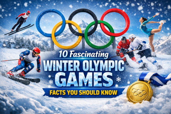 “10 fascinating Winter Olympic Games facts featuring skiing, ice hockey, figure skating, and Olympic rings in a snowy mountain backdrop.”