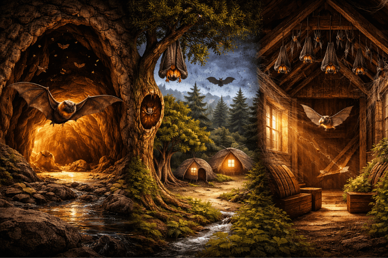 Blog thumbnail showing interesting facts about bats in a moonlit forest scene