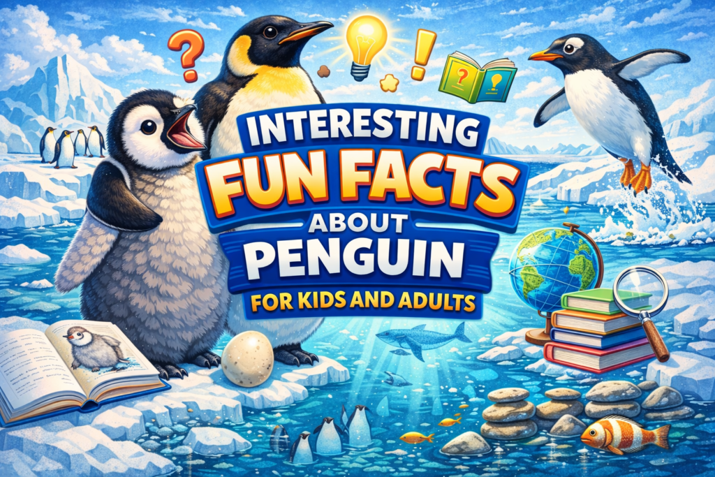 Colorful illustration showing fun facts about penguin and their life in Antarctica