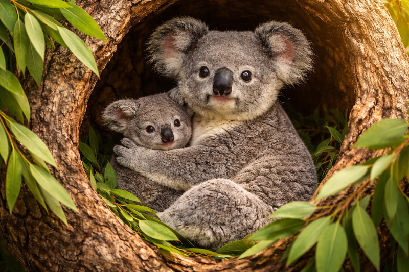 Mother koala with baby joey in tree shelter showing fun facts about koalas