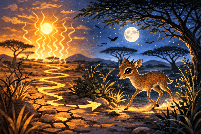 Cute dik-dik with large eyes and small horns in African grassland