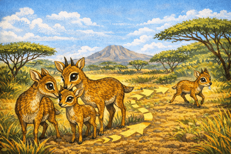 Small dik-dik antelope running in zigzag pattern to escape predators
