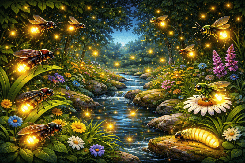 Multiple fireflies lighting up the dark sky in a meadow representing interesting and fun facts about fireflies.