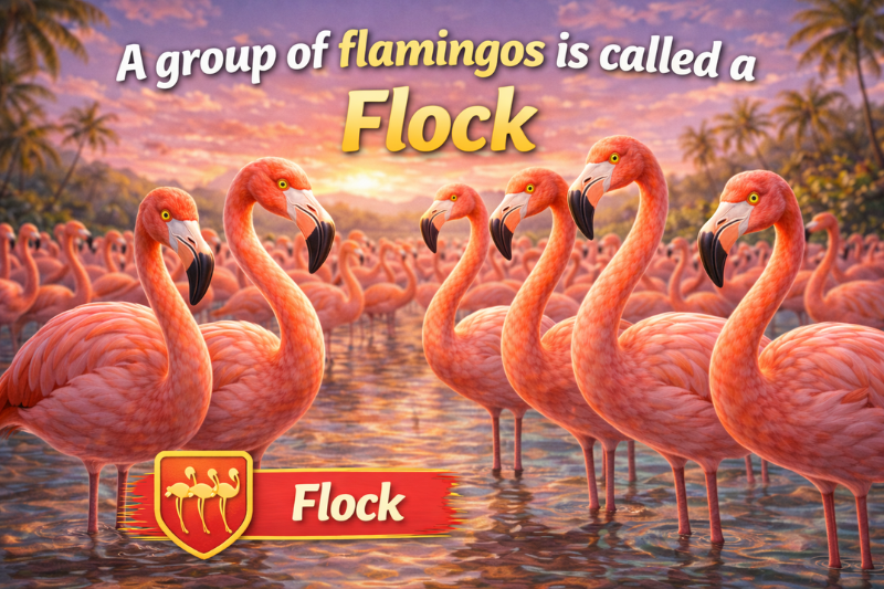 Group of flamingos called a flock standing in lagoon