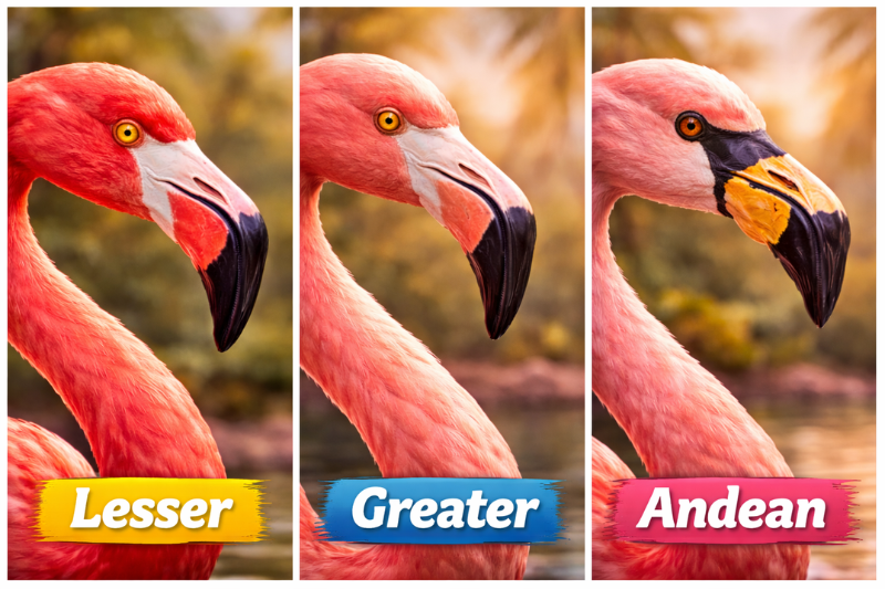 Different flamingo beak types used for feeding