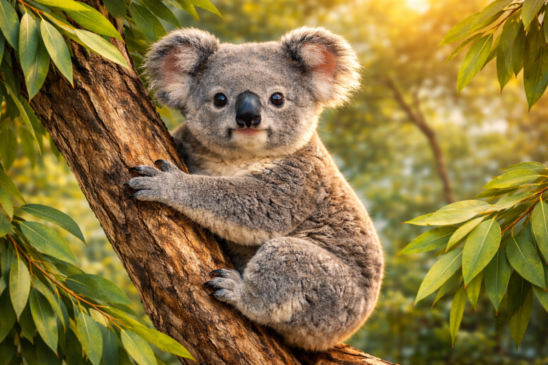 Cute koala sitting on a eucalyptus tree in Australia – fun facts about koalas