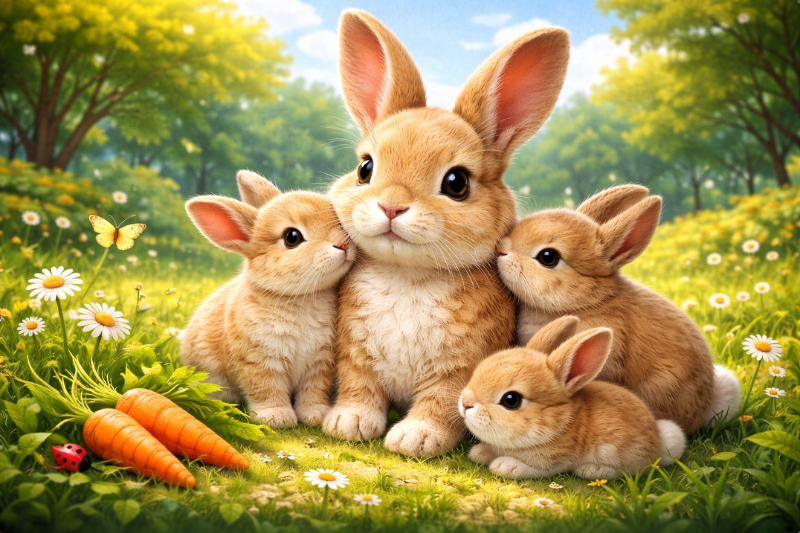 Mother rabbit with baby rabbits illustrating fun facts about rabbits