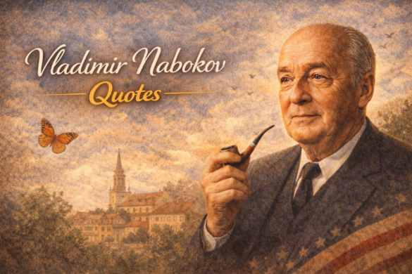 Vladimir Nabokov portrait with famous literary quotes about love, memory, and imagination