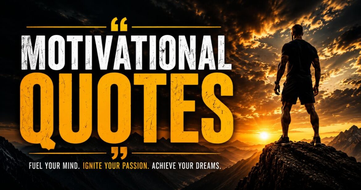 Cinematic motivational quotes hero banner featuring bold typography, dramatic sunset mountain landscape, and inspirational silhouette in a premium black and gold design.